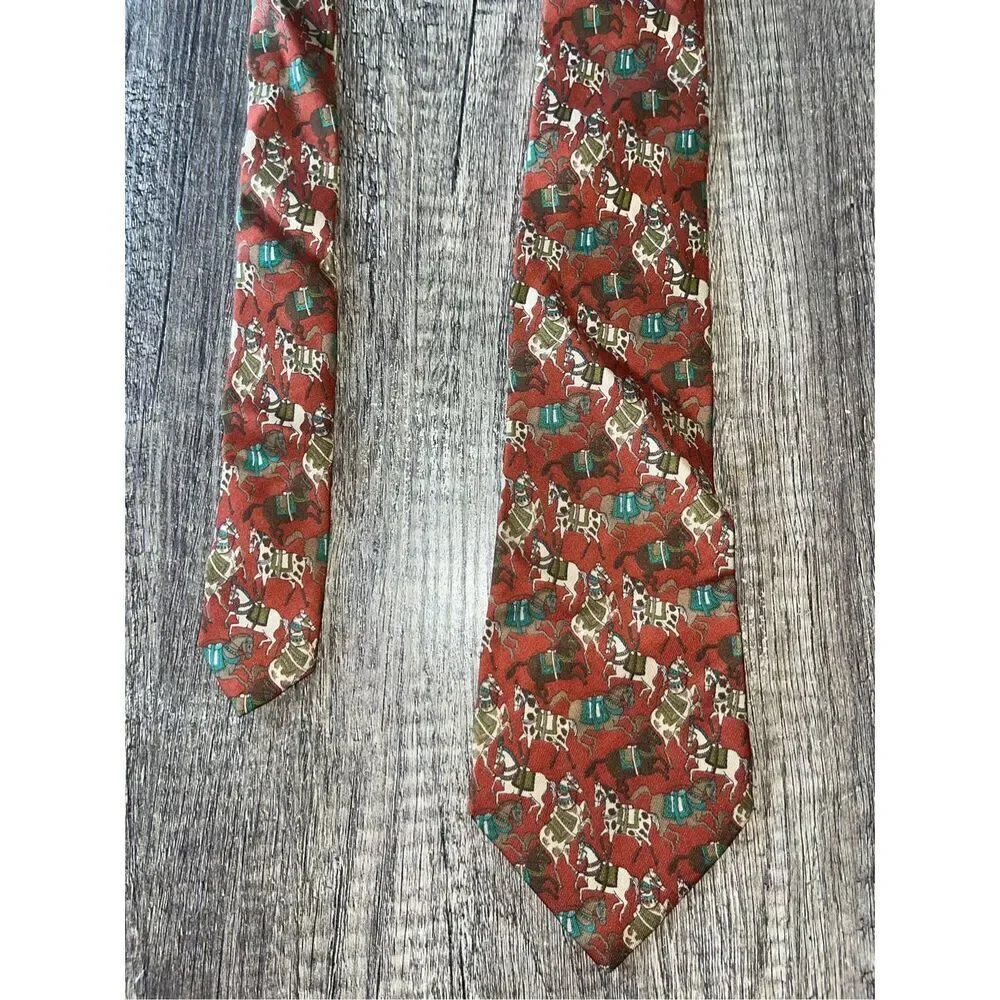 Salvatore Ferragamo Men's US Horse Print Orange Red Silk Necktie